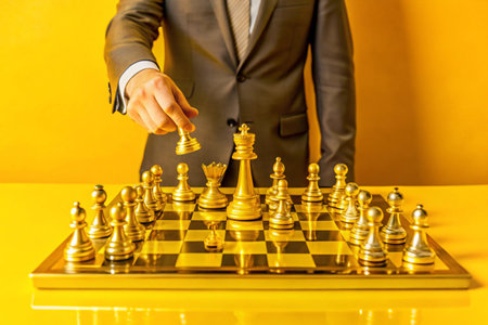 Businessman playing chess on yellow background. Business strategy and leadership concept.の素材
