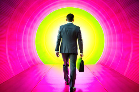 Businessman with briefcase in front of a colorful neon tunnel.の素材