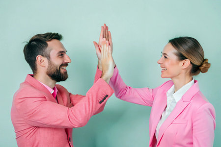 Businessman and businesswoman giving high five to each other on green backgroundの素材