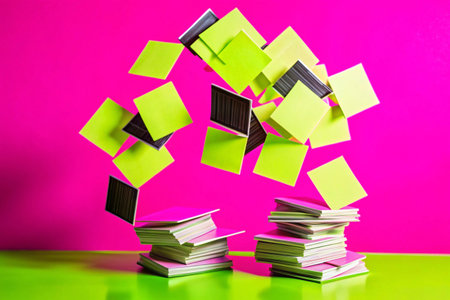 Sticky notes flying over a pile of books on a pink backgroundの素材