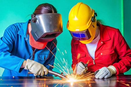 Two female welder in protective clothing and helmets welding metal with sparksの素材