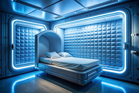 3D rendering of a futuristic room with a double bed in blue lightの素材