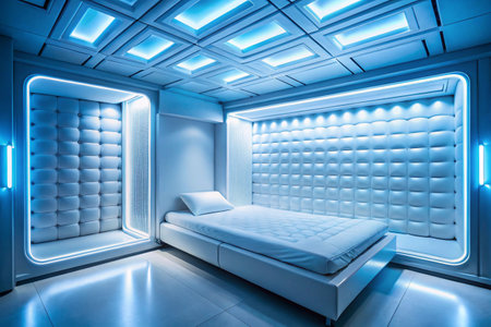 Interior of a hotel room with a double bed in blue lightの素材