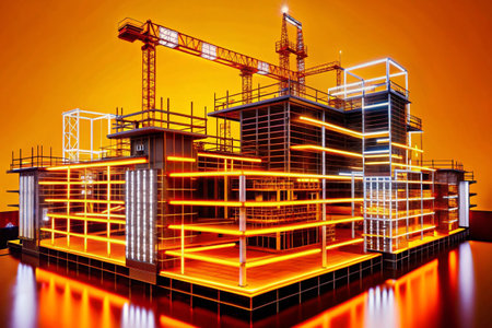 Construction site with cranes and buildings at night. 3D renderingの素材
