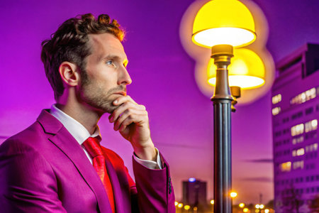 Portrait of a handsome young man in a purple suit looking away while standing outdoorsの素材
