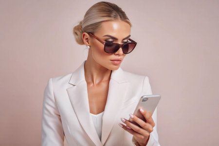 Portrait of a beautiful young blonde woman in sunglasses and a white jacket using a smartphone.の素材