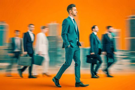 Businessman walking on orange background with business people in the background.の素材