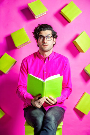 Young man reading a book on a pink background. Education concept.の素材