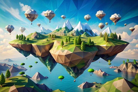 3d illustration of floating island with trees and air balloons in the skyの素材
