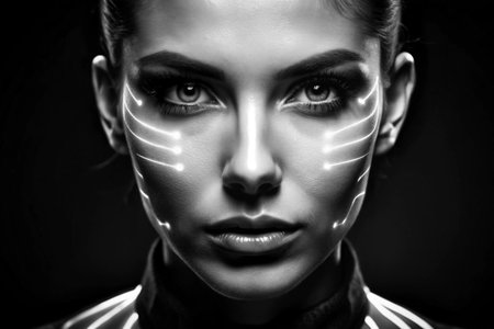 Black and white portrait of beautiful girl with glowing lines on her faceの素材