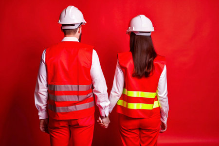 Back view of a couple of engineers in hardhats holding hands on a red backgroundの素材