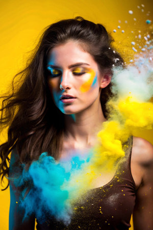 Portrait of a beautiful young woman with colored powder on a yellow backgroundの素材