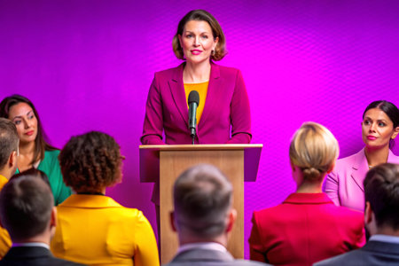 Business woman giving a speech in front of a group of people.の素材