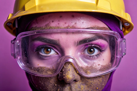 Portrait of a girl in a yellow helmet and goggles on a purple background.の素材