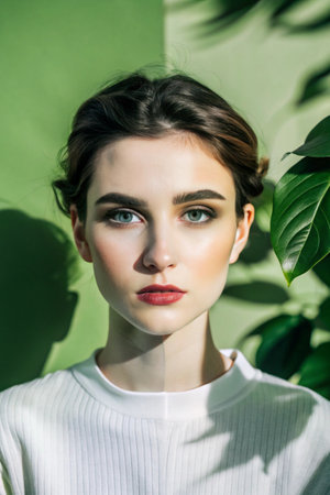 young pretty girl with red lips on green leaves background, fashion makeupの素材
