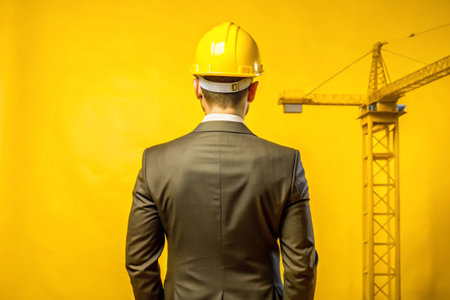 Back view of engineer in hardhat standing against yellow background with construction craneの素材