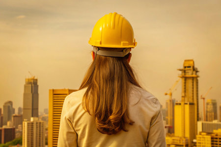 Back view of engineer woman with yellow safety helmet looking at construction site.の素材