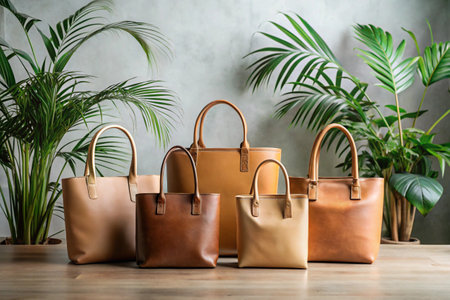 Women's leather handbags on a wooden table against the background of tropical plantsの素材