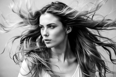Portrait of a beautiful young woman with flying hair. Black and white photo.の素材