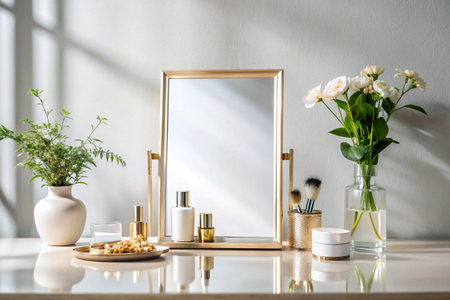 Mock up mirror, cosmetic products and flowers in vase on white tableの素材