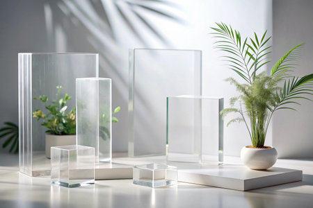 Modern glass showcase with plants on white background. 3d rendering.の素材