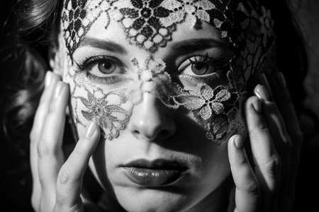 Portrait of a beautiful woman with lace mask. Black and white photo.の素材