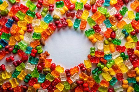 Colorful gummy candies on white background. Top view.の素材