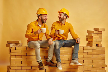 Two builders in hardhats sitting on brick wall and drinking coffeeの素材