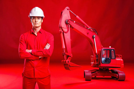 Portrait of a young man in a construction helmet standing with arms crossed on red background.の素材