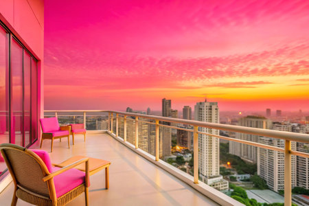 Empty balcony with view of the cityscape at sunset, Bangkok, Thailandの素材