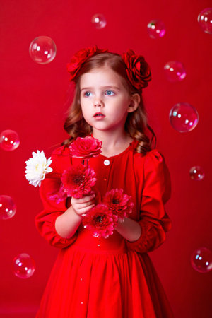 Little girl in a red dress on a red background with soap bubblesの素材