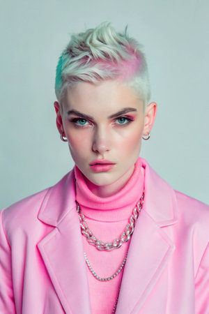 Fashion portrait of young beautiful woman with short pink hair and bright make-upの素材