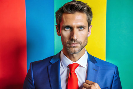 Portrait of handsome young man in blue suit and red tie on colorful background.の素材