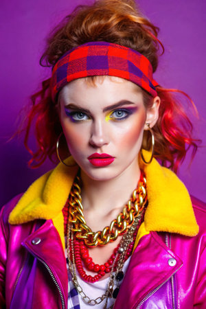 Portrait of a beautiful young woman with bright make-up and hairstyleの素材