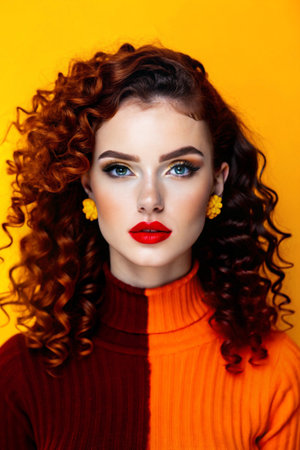 Close-up portrait of a beautiful young woman with bright make-up and curly hair.の素材