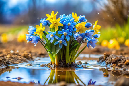 Bouquet of blue and yellow snowdrops in a puddleの素材