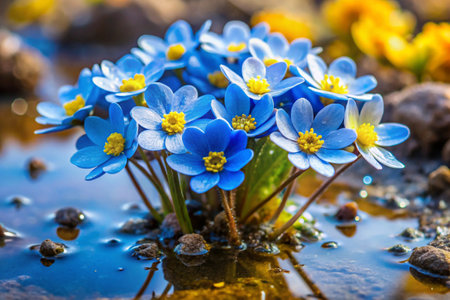 Spring flowers in a puddle on a sunny day close-upの素材