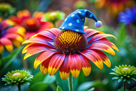 Colorful daisy flower in the garden with blue hat and clown noseの素材