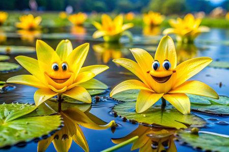 Yellow lotus flower with happy face in the pond, Thailand.の素材