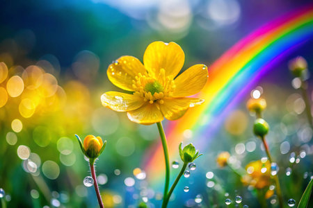Raindrops on yellow flowers in the meadow with a rainbow.の素材
