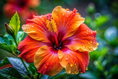 Red hibiscus flower with raindrops on the petalsの素材