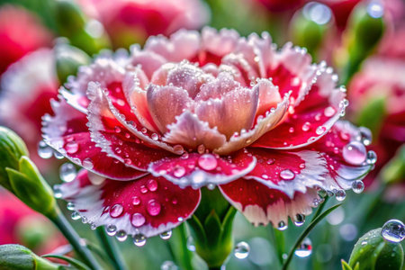 Close up of red and white carnation flower with water dropletsの素材