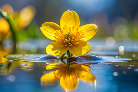 Marsh Marigold (Caltha palustris) on the water surfaceの素材