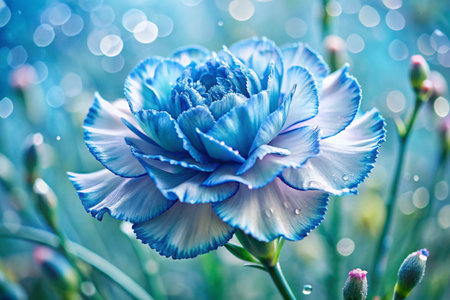Beautiful blue carnation flower with water drops on green grass backgroundの素材