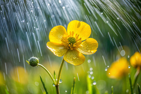 Yellow buttercup in the rain with raindrops on a green backgroundの素材