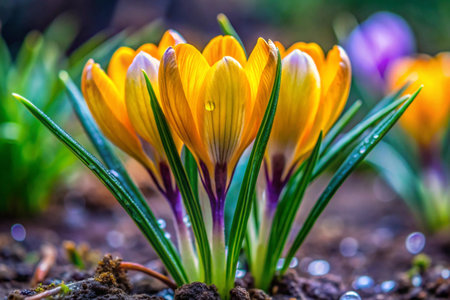 Beautiful crocus flowers in the garden. Early spring. Symbol of peace and joy.の素材