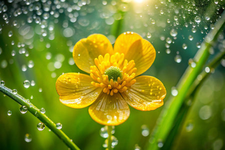Water drops on the yellow buttercup flower in the morning dewの素材