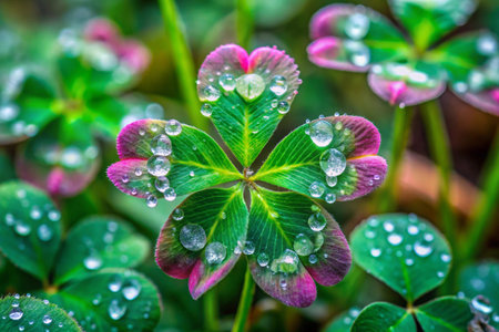 Green clover leaves with dew drops after rain, close upの素材