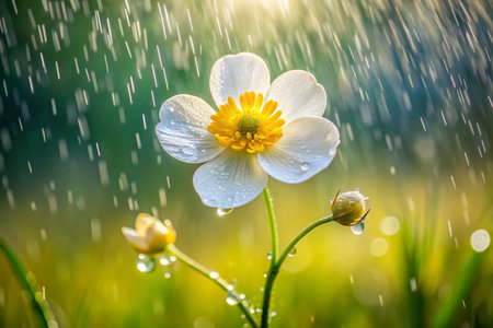 White anemone flower with rain drops on green grass background.の素材