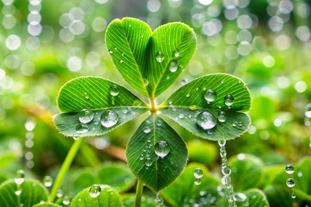 Green clover leaf with dew drops close up. Nature backgroundの素材